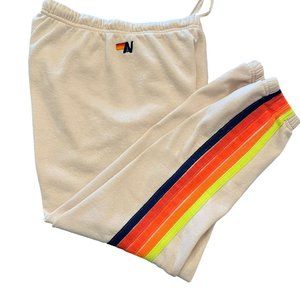 AVIATOR NATION 5 STRIPE SWEATPANTS ALMOND & NEON RAINBOW BLUE - SIZE M